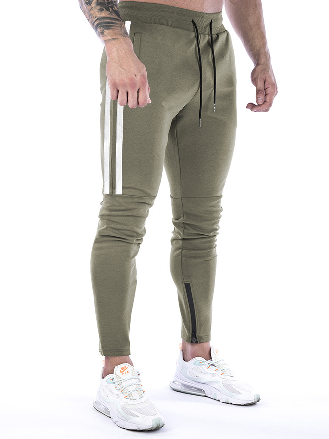 Men's Slim Stretch Waist Two-Bar Striped Print Sweatpants Army Green XL