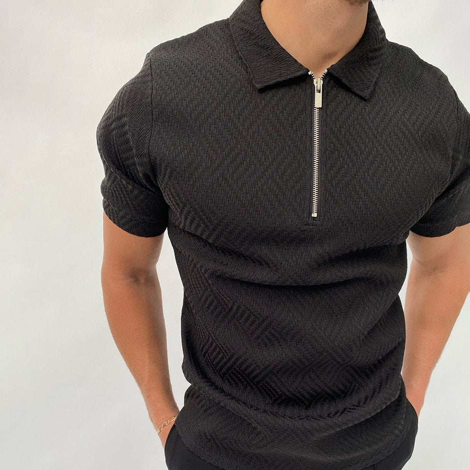 Herringbone Jacquard Zip-up Polo Shirt