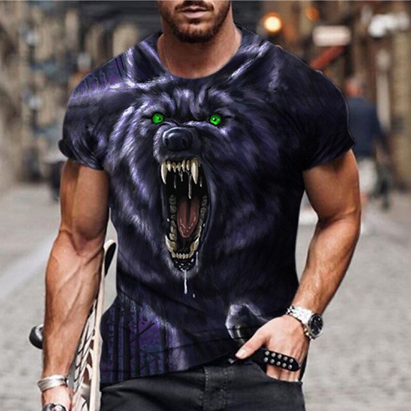 Men's Unisex T shirt 3D Print Graphic Prints Wolf Crew Neck Daily Holi Navy Blue S