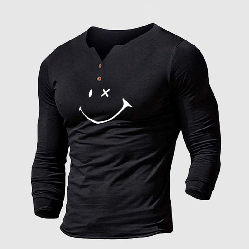 Henley Collar Solid Color Smiley Long Sleeve T-Shirt