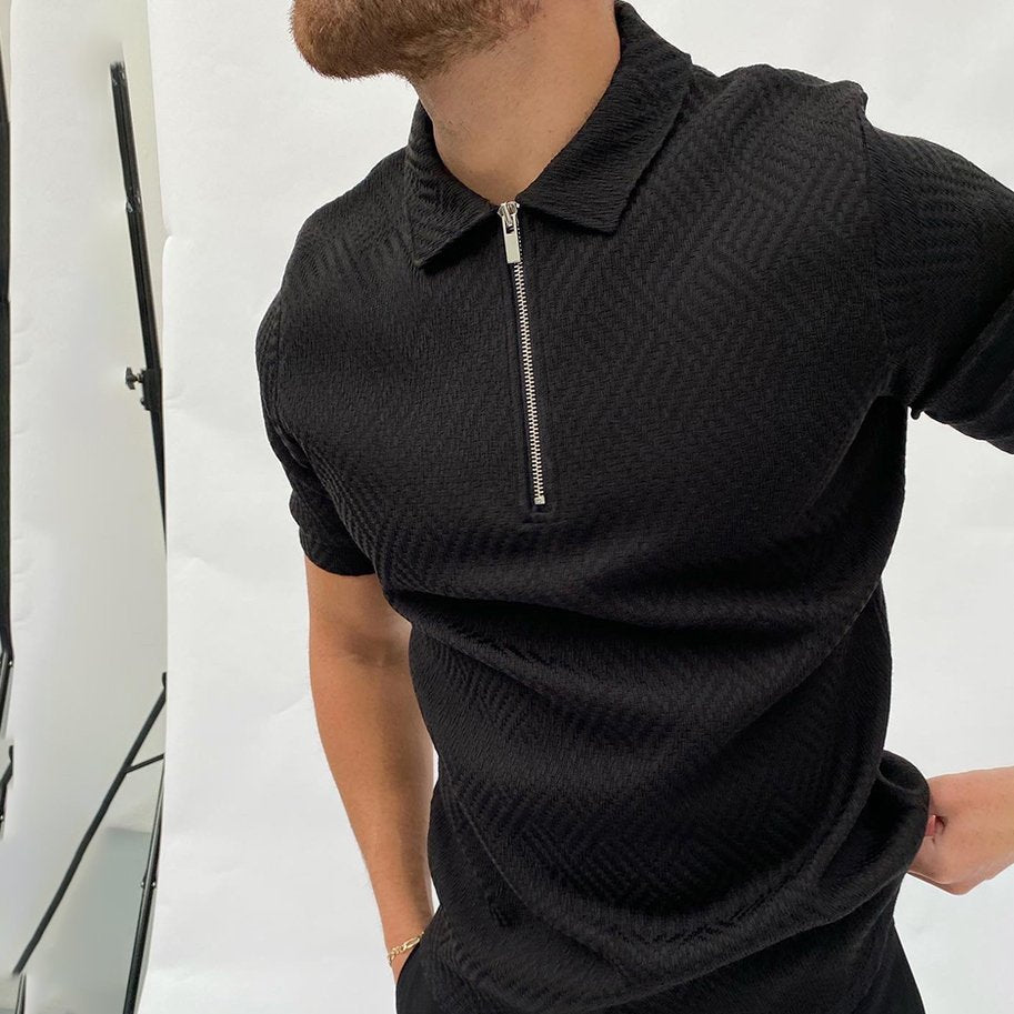 Herringbone Jacquard Zip-up Polo Shirt