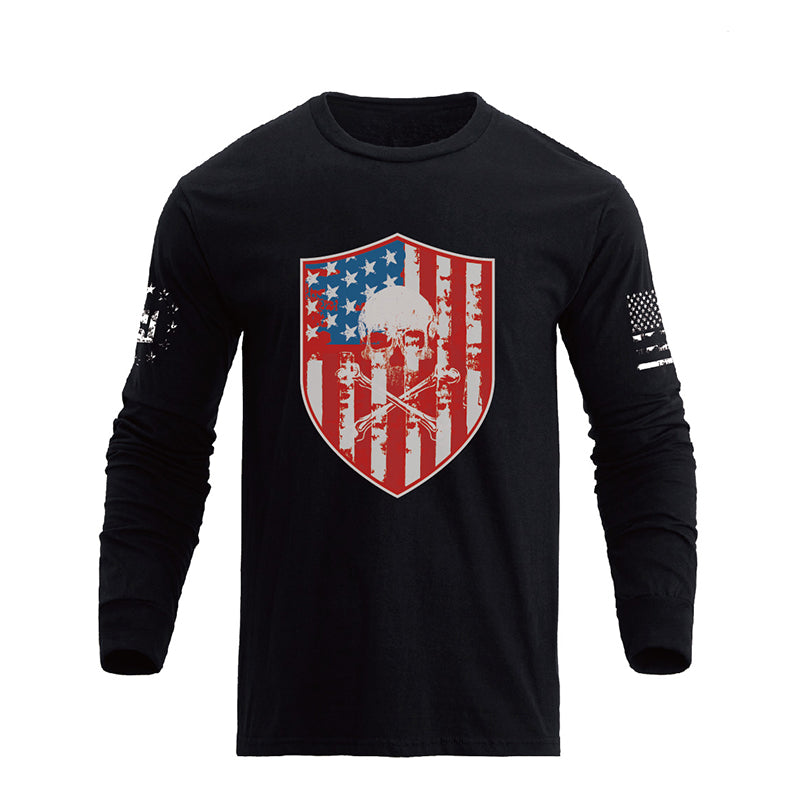 Men's American Flag Shield with Skull Long Sleeve Graphic T-Shirt