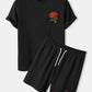 Mens Basic Knitted Rose Embroidery Patch Short Sleeve Casual Two Piece Outfits Cozy Loungewear