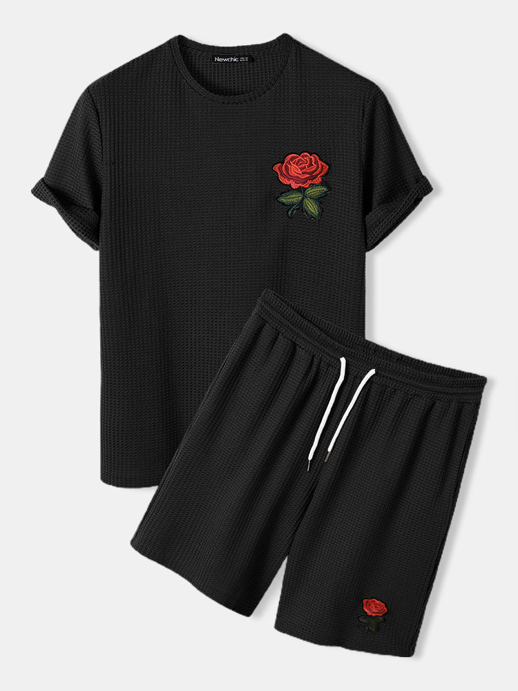 Mens Basic Knitted Rose Embroidery Patch Short Sleeve Casual Two Piece Outfits Cozy Loungewear