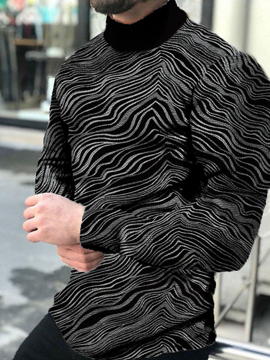 Men's Abstract Line Turtleneck Long Sleeve Sweater