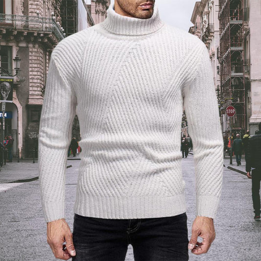 Mens Turtleneck Sweater Solid Color Slim Thick Sweater Knit