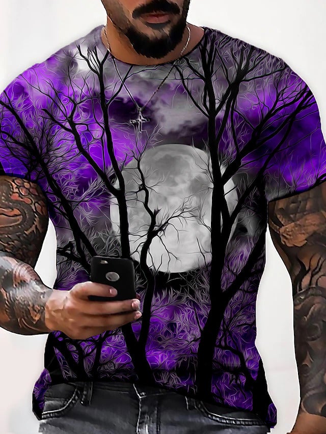 Men's  Tee T shirt Shirt 3D Print Graphic Prints Moon Print Short Sleeve Halloween Tops Casual Designer Big and Tall Blue Purple Gray / Summer