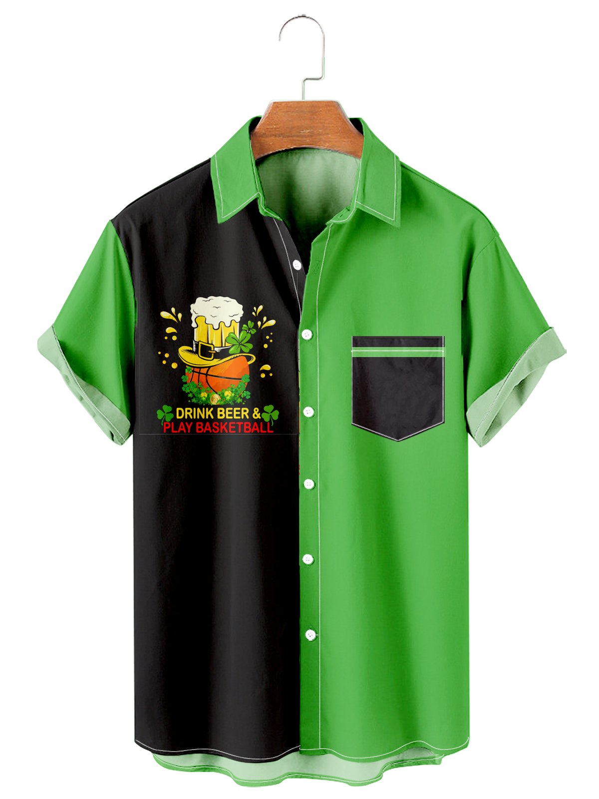 St. Patrick's Day Basketball Wine Cup Clover Casual Men's Shirt