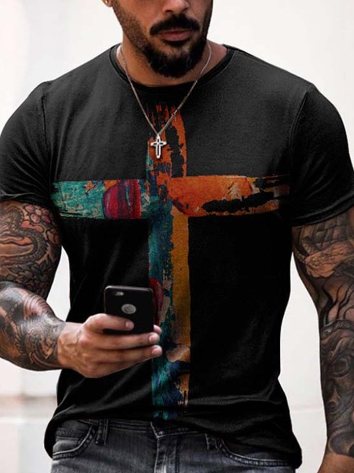 Men's oil painting faith Jesus cross print casual T-shirt