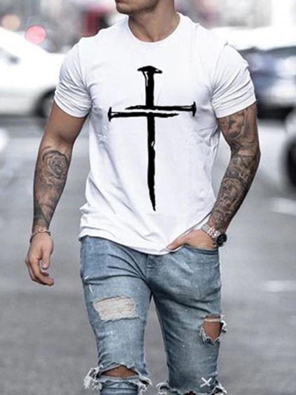 Men's Cross Print Jesus Christian Casual T-shirt