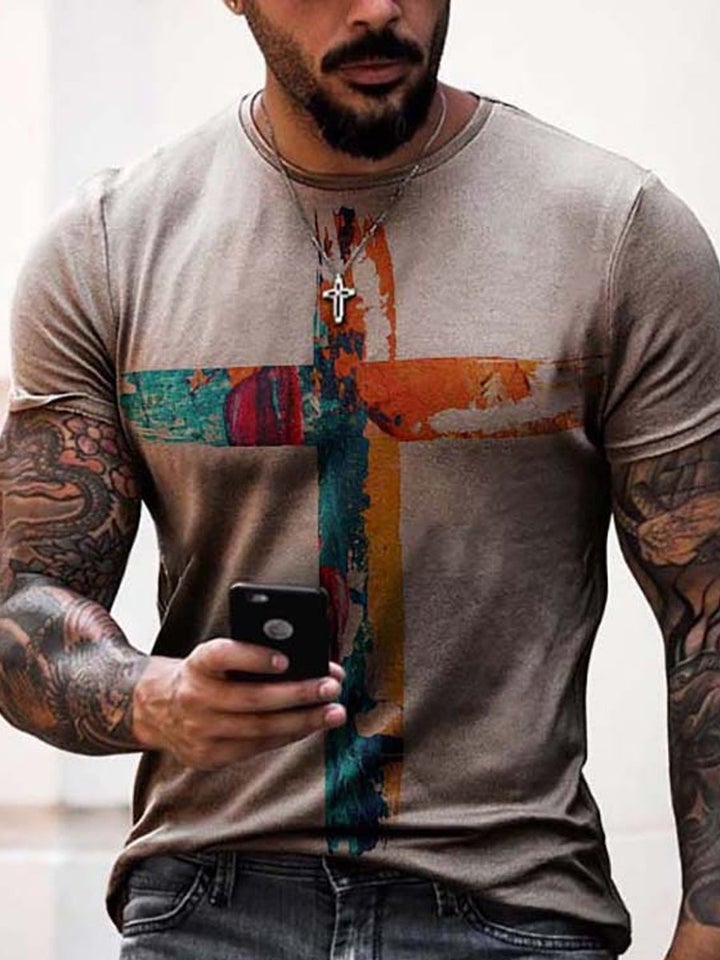 Men's oil painting faith Jesus cross print casual T-shirt