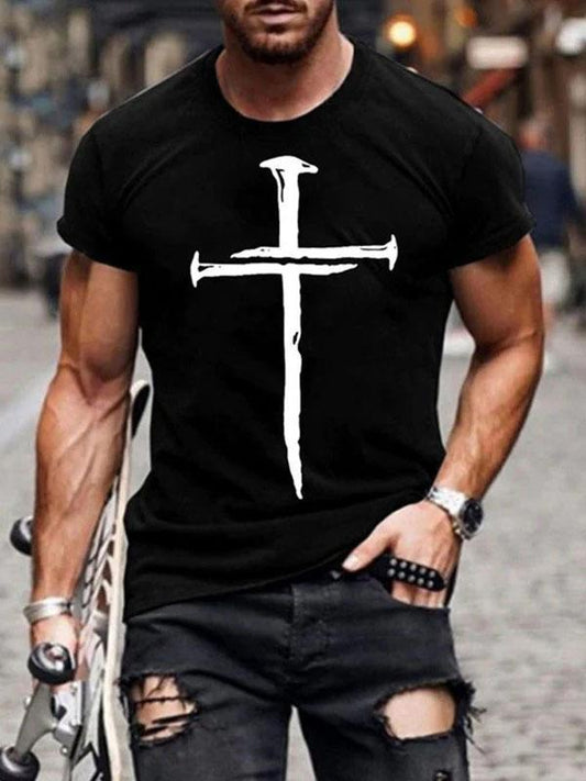 Men's Cross Print Jesus Christian Casual T-shirt