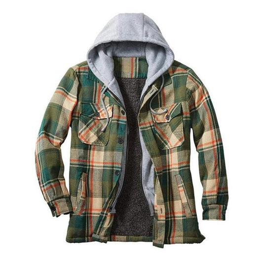 Men's Casual Plaid Printed Fleece Hooded Jacket