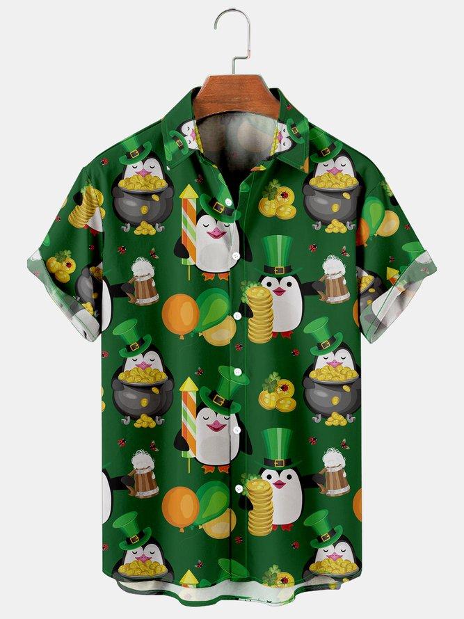 St. Patrick's Day Penguin Casual Loose Men's Large Short Sleeve Shirt