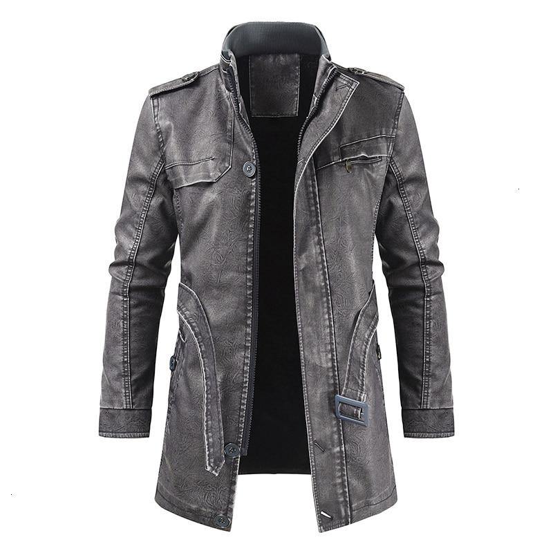 Men Long Thick Fleece Leather Jacket Parkas Men Outfit Warm Pockets Faux Leather Jacket