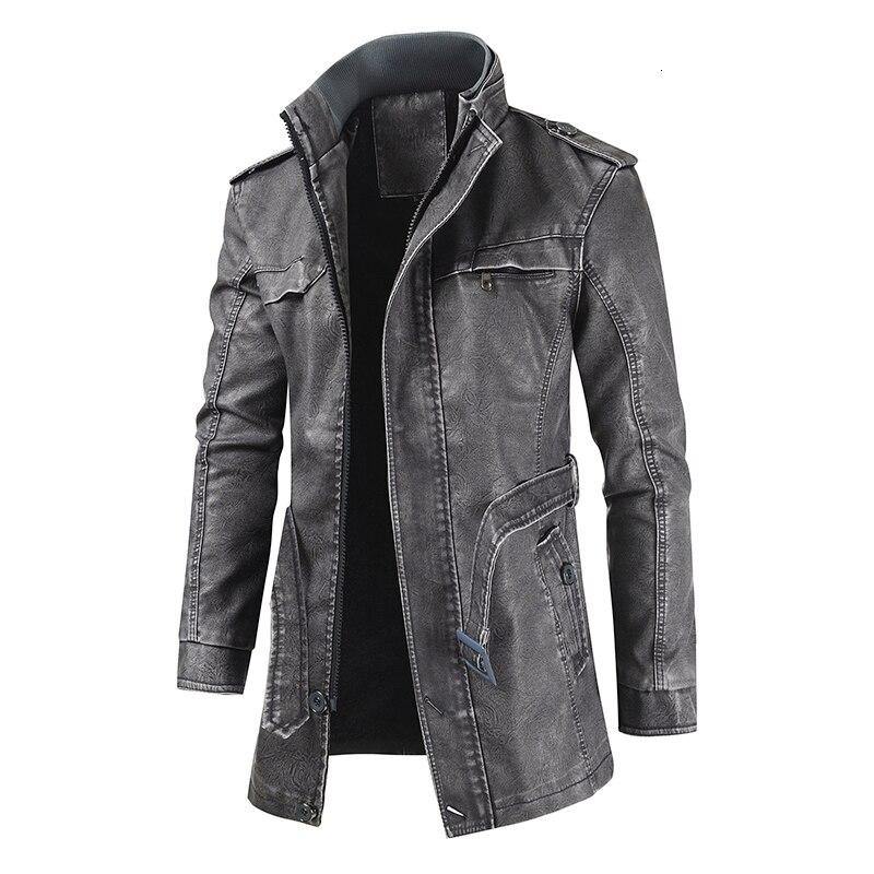 Men Long Thick Fleece Leather Jacket Parkas Men Outfit Warm Pockets Faux Leather Jacket