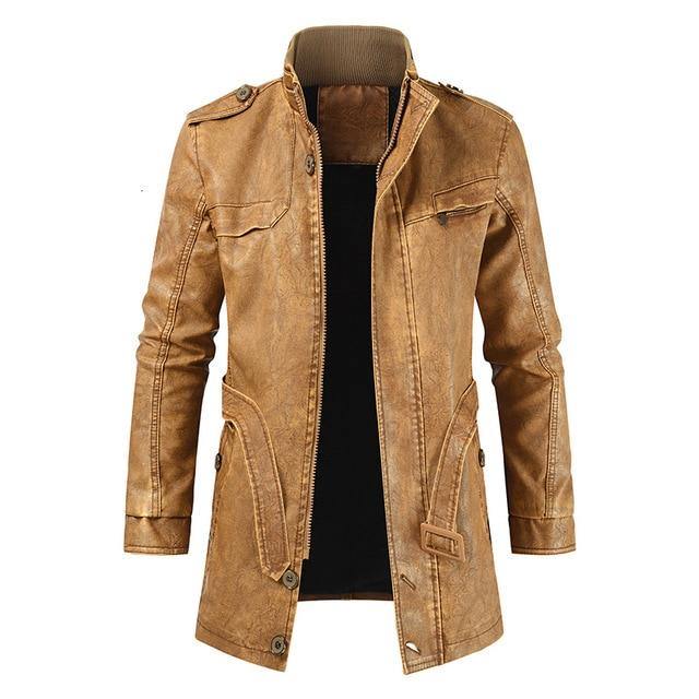 Men Long Thick Fleece Leather Jacket Parkas Men Outfit Warm Pockets Faux Leather Jacket