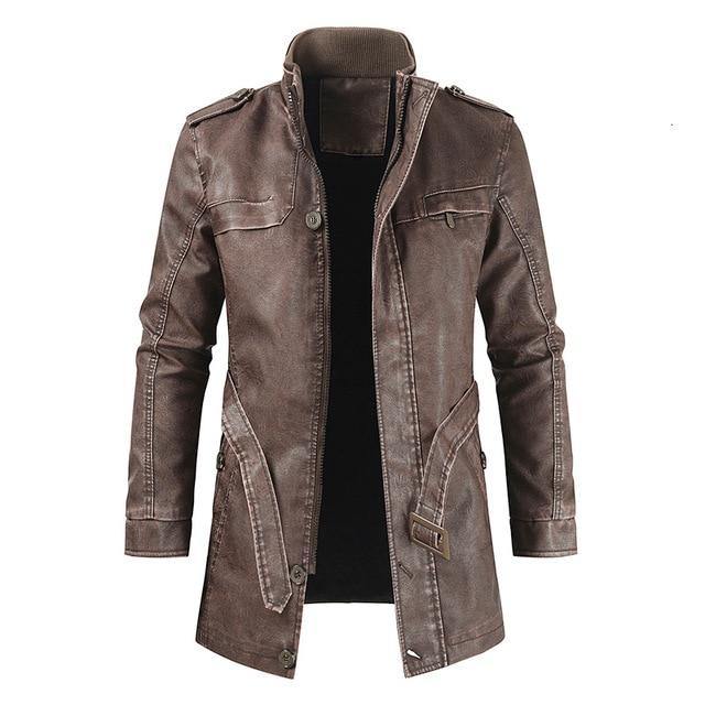 Men Long Thick Fleece Leather Jacket Parkas Men Outfit Warm Pockets Faux Leather Jacket