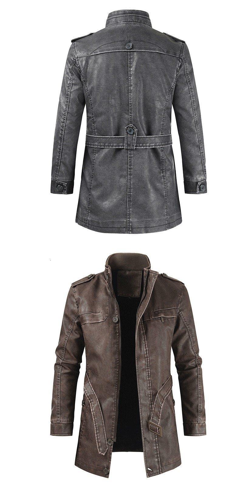 Men Long Thick Fleece Leather Jacket Parkas Men Outfit Warm Pockets Faux Leather Jacket