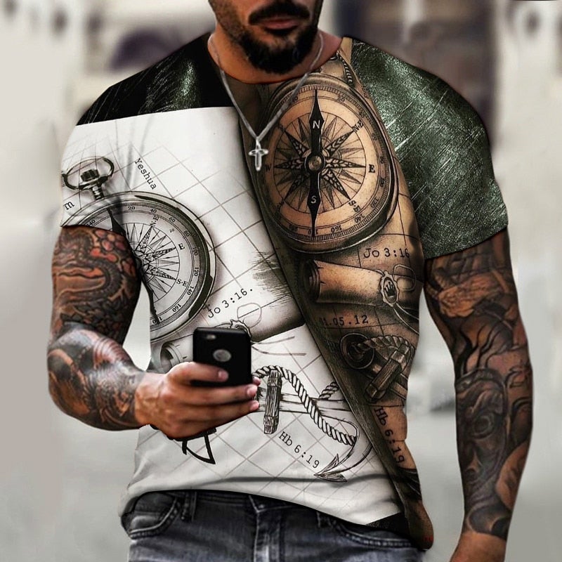 Men 3D Tees New Men's Summer 3D Printed Compass T-Shirt Hip-Hop Style Large Size T-Shirt Cross Style Short Sleeve Clothing