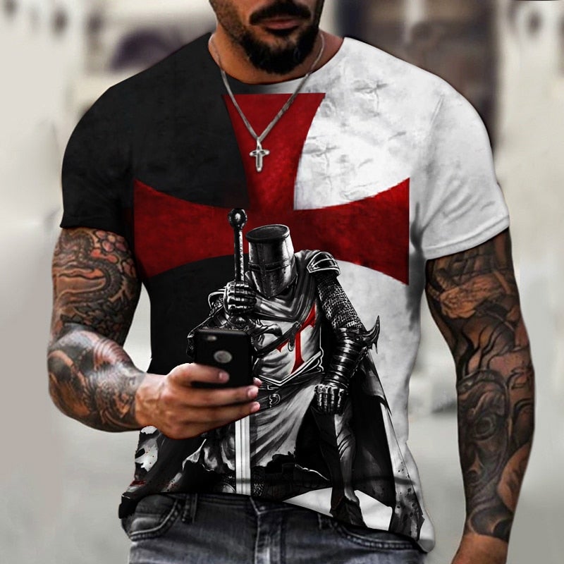 new design Samurai pattern printed T-shirt retro style of  street Short Sleeve