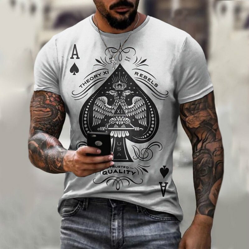 Men 3D Tees Casual Round Neck Short Sleeve  Playing Cards Printing