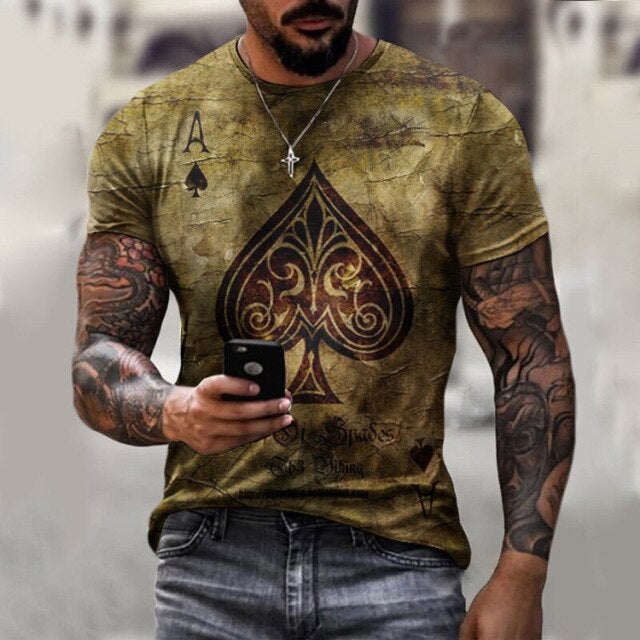 Men 3D Tees Casual Round Neck Short Sleeve  Playing Cards Printing