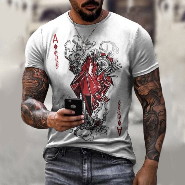 Men 3D Tees Casual Round Neck Short Sleeve  Playing Cards Printing