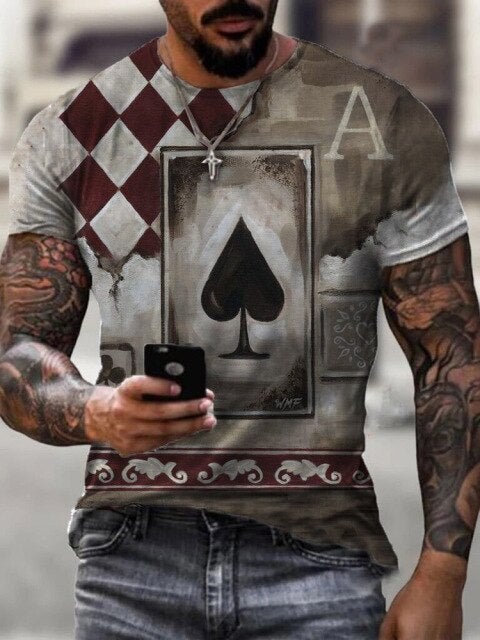 Men 3D Tees Casual Round Neck Short Sleeve  Playing Cards Printing