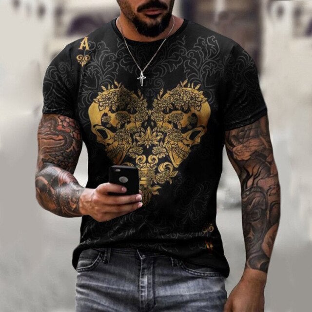 Men 3D Tees Casual Round Neck Short Sleeve  Playing Cards Printing