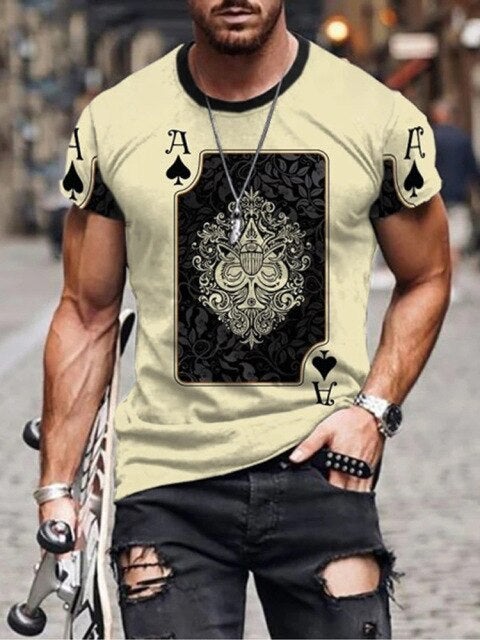 Men 3D Tees Casual Round Neck Short Sleeve  Playing Cards Printing