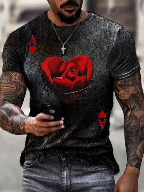 Men 3D Tees Casual Round Neck Short Sleeve  Playing Cards Printing