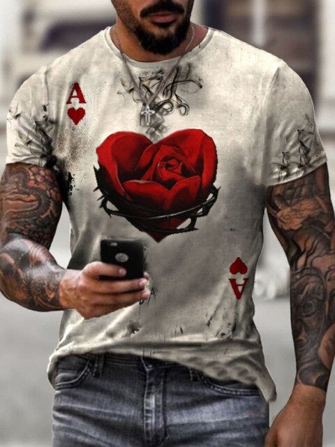 Men 3D Tees Casual Round Neck Short Sleeve  Playing Cards Printing