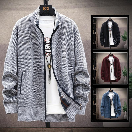 sweater solid color zipper cardigan  fleece catch thick warm collar jacket