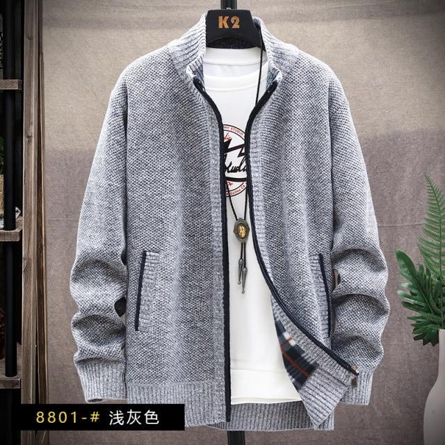 sweater solid color zipper cardigan  fleece catch thick warm collar jacket