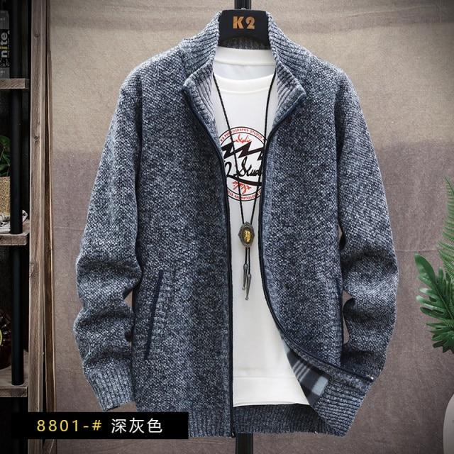 sweater solid color zipper cardigan  fleece catch thick warm collar jacket