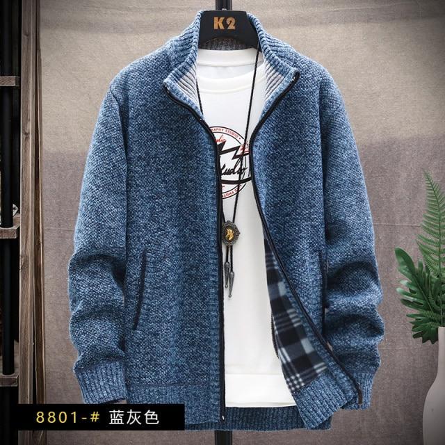 sweater solid color zipper cardigan  fleece catch thick warm collar jacket