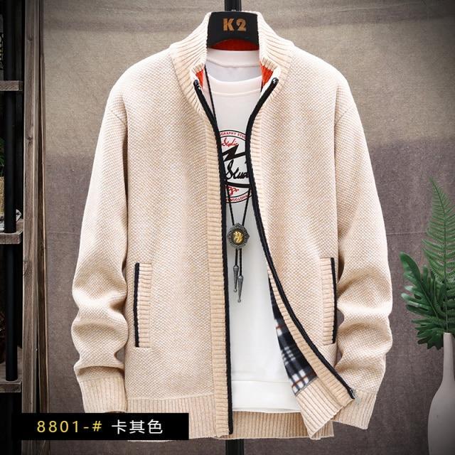 sweater solid color zipper cardigan  fleece catch thick warm collar jacket