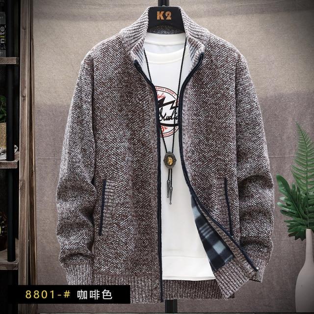 sweater solid color zipper cardigan  fleece catch thick warm collar jacket