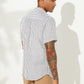 Mens Striped Breathable Stand Collar Short Sleeve Casual Loose Shirts