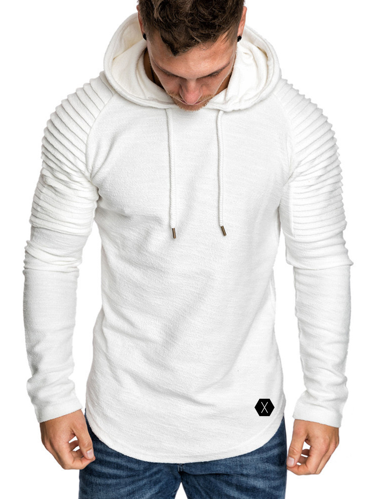 Mens Irregular Hem Hooded Striped Fold Raglan Sleeve O-neck Solid Color Casual Sweatshirt SKU984185