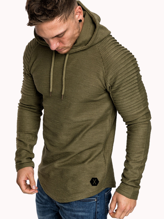 Mens Irregular Hem Hooded Striped Fold Raglan Sleeve O-neck Solid Color Casual Sweatshirt SKU984185