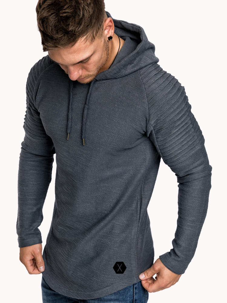 Mens Irregular Hem Hooded Striped Fold Raglan Sleeve O-neck Solid Color Casual Sweatshirt SKU984185