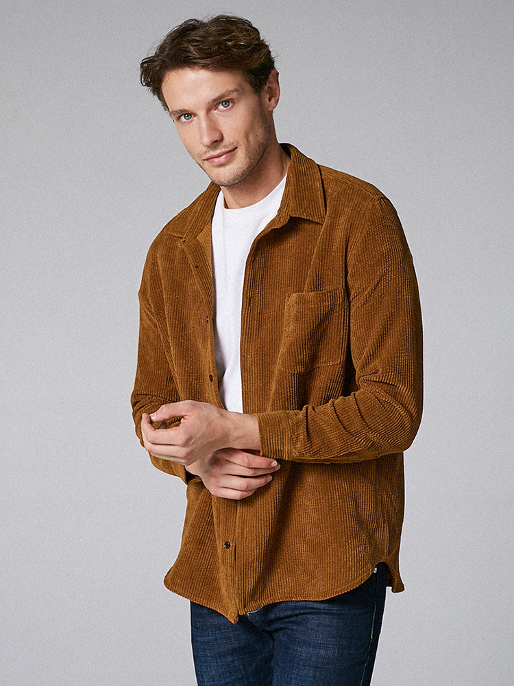 Mens Plain Style Corduroy Solid Color Casual Long Sleeve Shirts SKUD63857