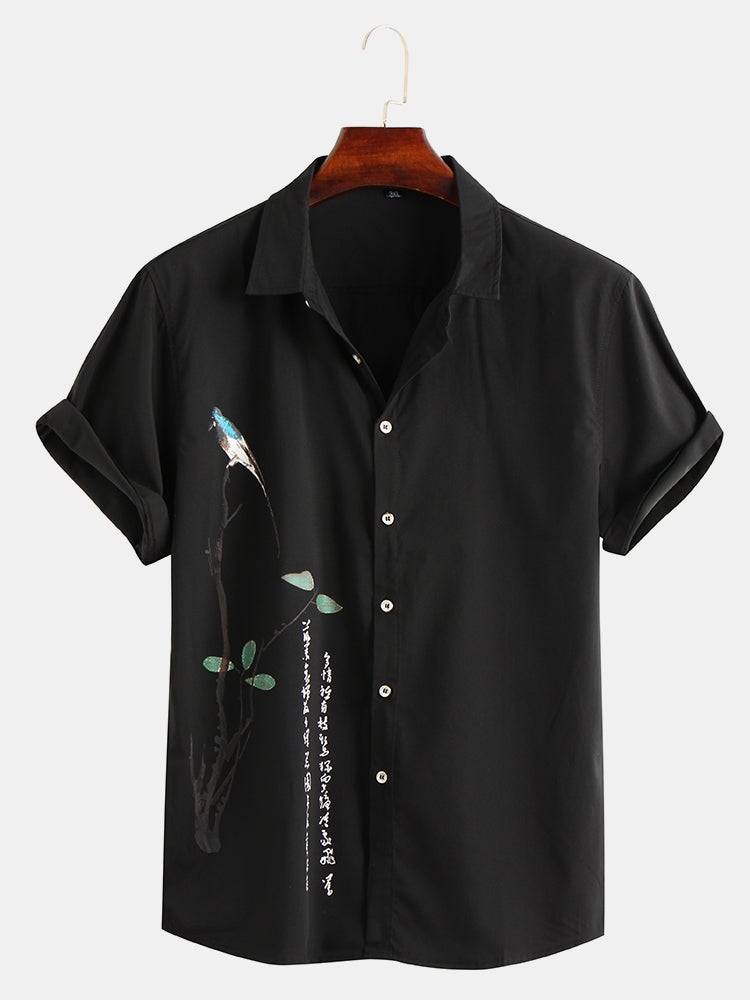 Mens Chinese Painting Print Turndown Collar Short Sleeve Casual Shirt