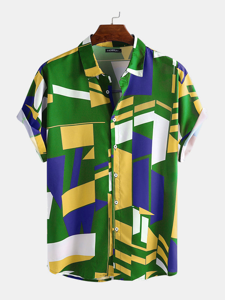 Mens Geometric Colorful Block Printed Short Sleeve Shirt