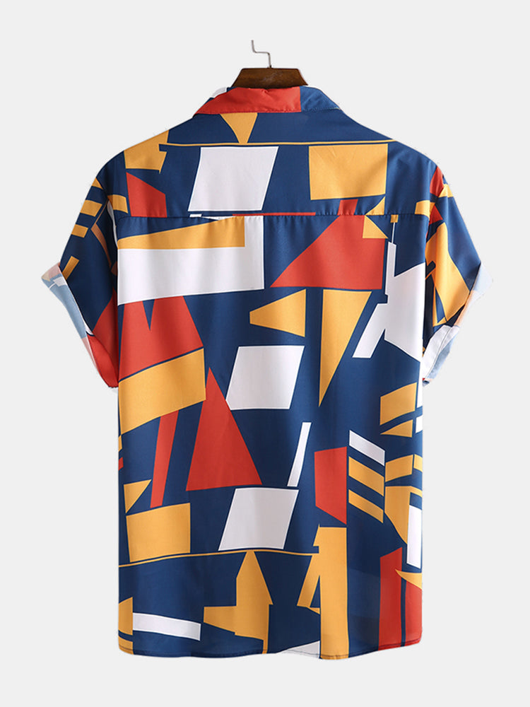 Mens Geometric Colorful Block Printed Short Sleeve Shirt