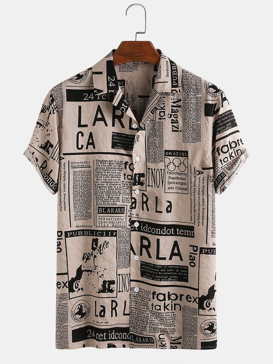 Mens 65% Cotton Fun Newspaper Print Casual Holiday Short Sleeve Shirt