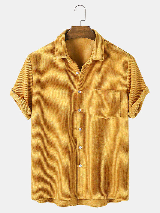 Mens Corduroy Solid Color Breathable Casual Short Sleeve Shirts