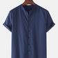 Mens Breathable Flax Stand Collar Solid Color Short Sleeve Shirt SKUF04403